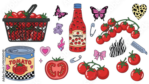 Colorful flat design collection of cherry tomatoes, tomato paste can, tomato sauce bottle, and assorted cute decorative icons in playful style