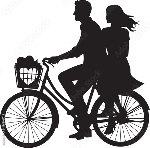 Silhouette of a couple riding a bicycle together with a basket of hearts