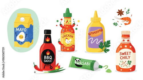 Colorful flat design collection of mayonnaise, bbq sauce, chicken hot sauce, mustard, wasabi paste, and sweet chili bottles with spices