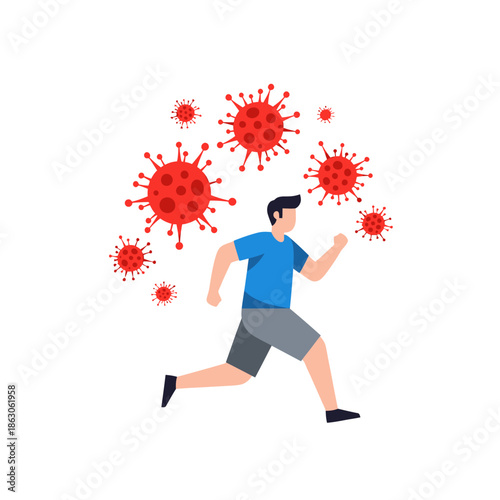 Man Running Away from Virus Particles.