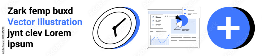 Fototapeta premium Time tracking, data visualization, healthcare planning, productivity tools, analytics concept, technology. Clock, data dashboard and medical cross icons. Time tracking and data visualization concept