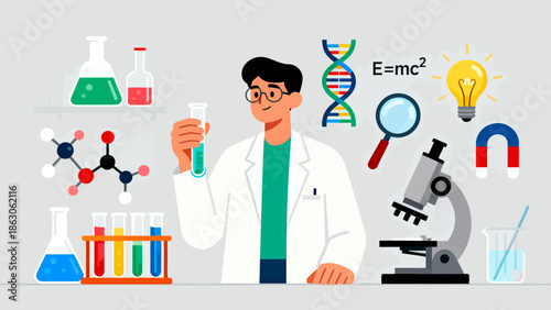 Scientist with lab equipment and science symbols