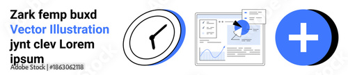 Time tracking, data visualization, healthcare planning, productivity tools, analytics concept, technology. Clock, data dashboard and medical cross icons. Time tracking and data visualization concept