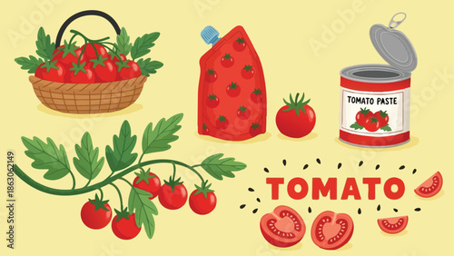 Colorful vector art displaying fresh tomatoes on branch with basket ripe tomatoes tomato paste and sliced tomatoes flat design illustration