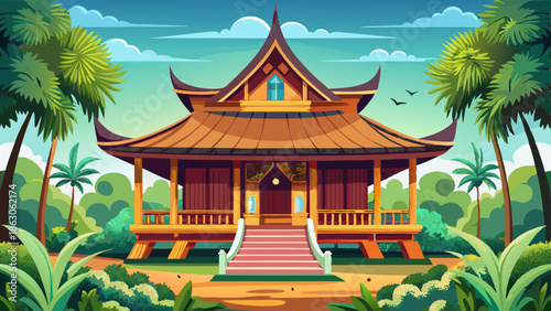 A traditional Javanese wooden house with a distinctive roof and ornate architectural details, surrounded by lush greenery.