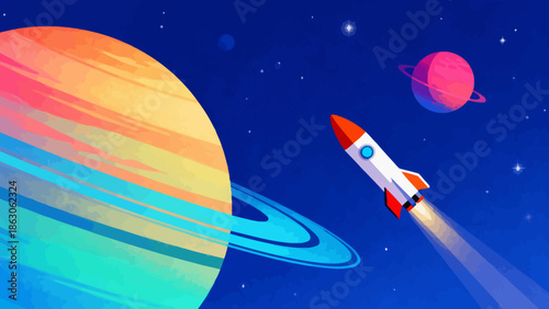 Rocket flying near colorful planets