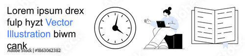Time management, productivity, remote work, digital learning, scheduling, focus illustration. Clock, person using laptop and open book visible. Time management and productivity concepts