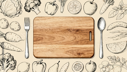 Wooden cutting board with kitchen utensils and food illustrations