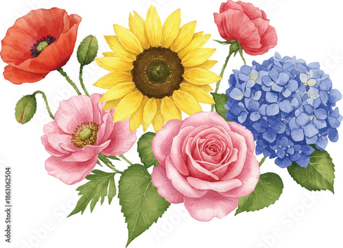 Vibrant bouquet of flowers including rose, sunflower, and hydrangea in full bloom from a close-up viewpoint