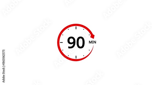Red circle timer with number 90 and minute symbol on white background clock countdown