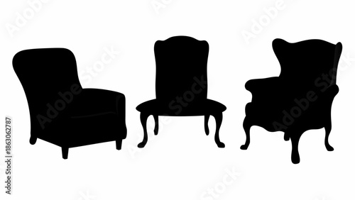 Silhouettes of three elegant armchairs on white background
