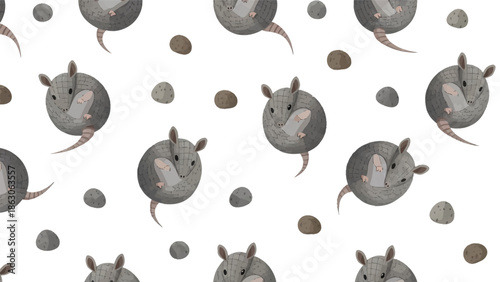 Gray Mouse Illustration Pattern on White Background.