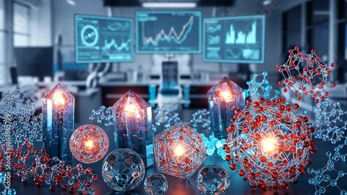 Colorful molecular structures in a lab with data screens