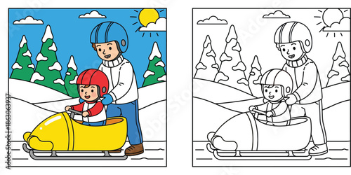Father and Child Bobsledding in Snowy Winter Landscape Fun