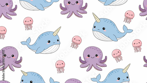 Cartoon Narwhals and Octopuses Pattern.