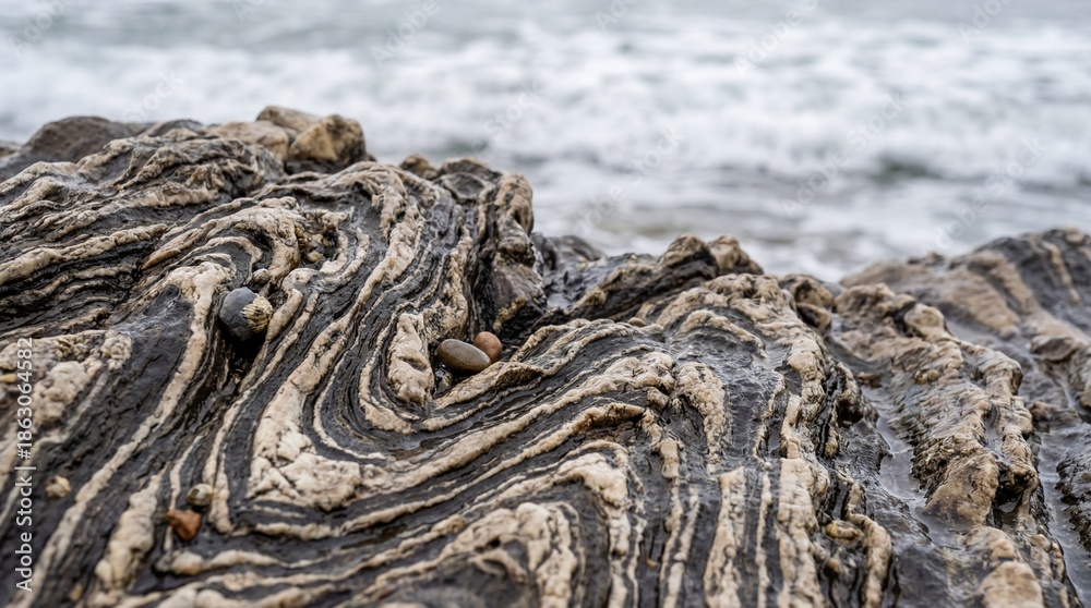 Fototapeta premium A close-up captures the intricate details of layered rock formations at the edge of the sea, revealing nature's artistry and geological wonder. 