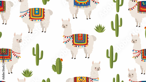 White Llama with Colorful Blanket Pattern.
