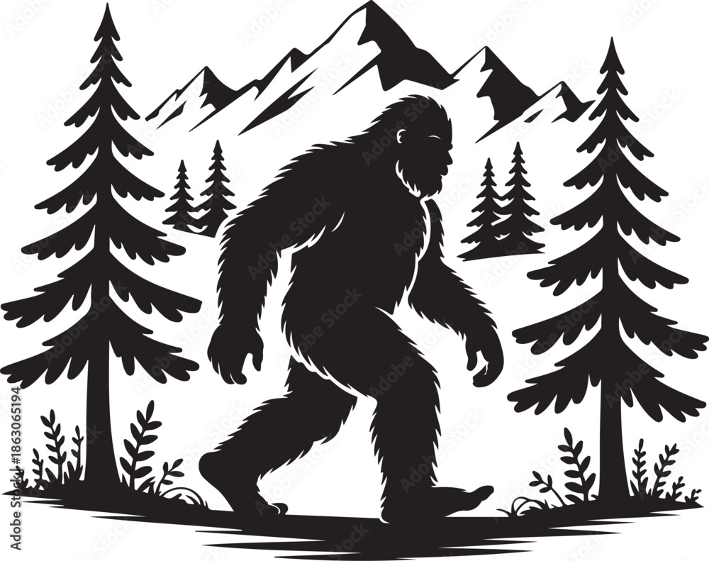 Fototapeta premium A black silhouette of Bigfoot walking in a forest