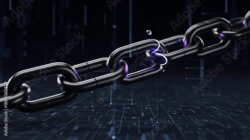 Digital security concept, unbreakable chain links in a futuristic network, representing data integrity and blockchain technology