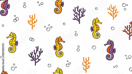 Colorful Seahorses and Seaweed Pattern.