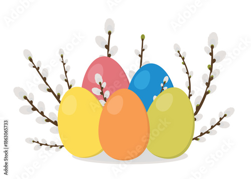 Colorful Easter eggs and willow branches. Decorative element for design, greeting card, invitation, sticker, scrapbooking, banner. 