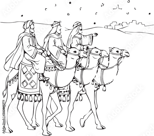 Three Wise Men icon with camels, desert, stars, and distant city in black silhouette nativity design
