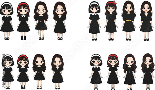 PrintCartoon girls in black outfits with varied hairstyles and accessories, visual puzzle grid for fashion, observation, diversity, character, and playful vector design
