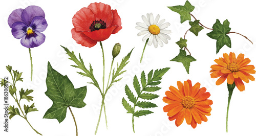 Vibrant flowers and lush greenery showcased in a digital illustration