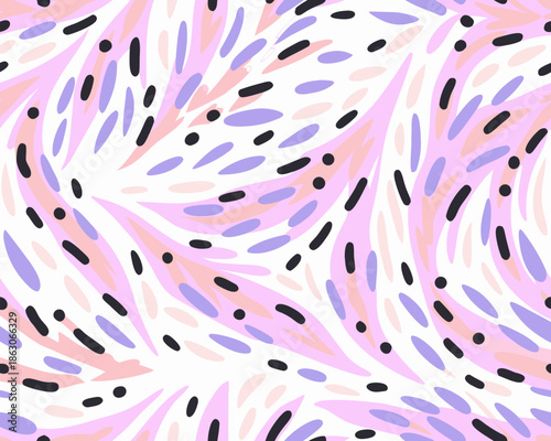 Abstract seamless pattern with flowing shapes in pastel pink lavender and black
