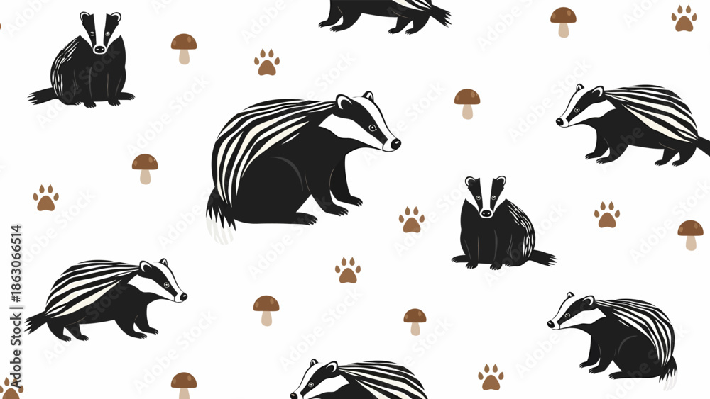 Obraz premium Black and White Badger Illustrations Pattern.