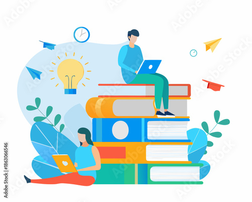 Students learning with books laptops and bright ideas for education