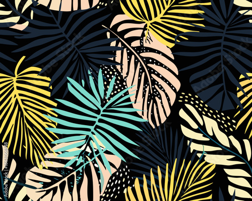 Stylized tropical leaves in a repeating pattern with a dark background
