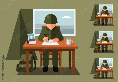 Soldier writing at desk inside tent with window view.