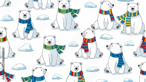 Cartoon Polar Bears Wearing Colorful Scarves.