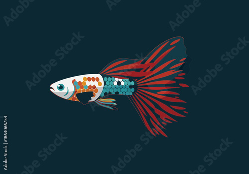 Stylized illustration of a colorful guppy fish with a large, fan-like tail.