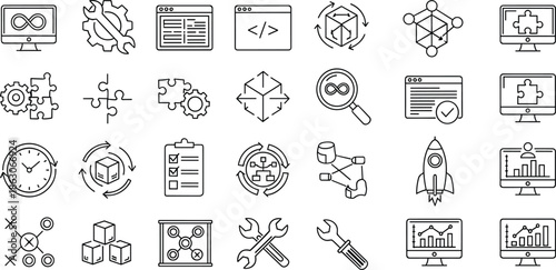 Complete software development and DevOps line icons featuring infinity loops system coding project management puzzle integration and data optimization symbols