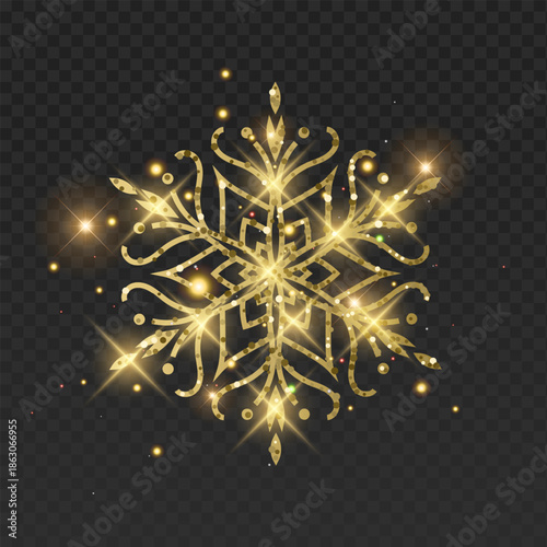 Ornate golden vector snowflake with a luxurious glitter texture and elegant filigree patterns. This detailed winter crystal is decorated with glowing sparks, bright lens flares, and magical golden dus