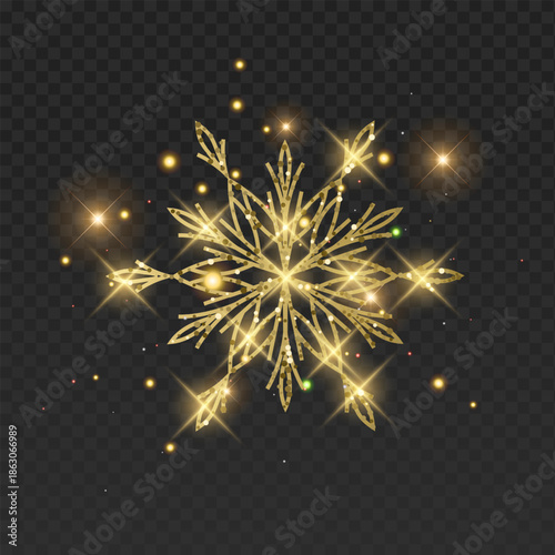 Ornate golden vector snowflake with a luxurious glitter texture and elegant filigree patterns. This detailed winter crystal is decorated with glowing sparks, bright lens flares, and magical golden dus