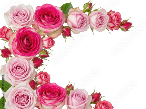 Lush garden rose corner border featuring gradient pink petals and buds isolated on white background.png