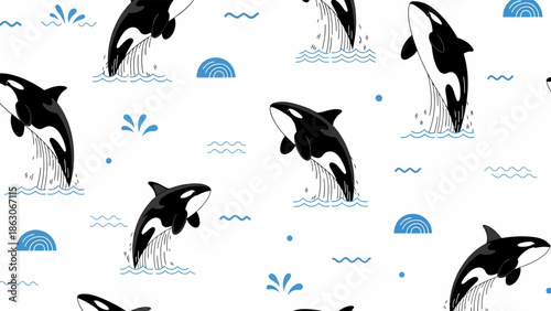 Orca Whale Breaching Water Surface Illustration.