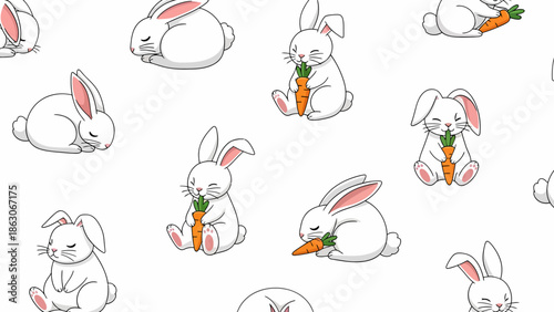 White Rabbits Eating Carrots Illustration Pattern.