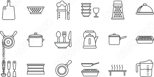 Complete kitchen utensils and cooking equipment line icons set featuring cutting boards pots pans chef hats graters colanders and professional culinary tools