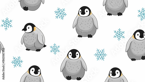 Cute Cartoon Penguin Pattern with Snowflakes.