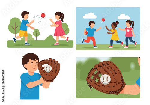 Children playing catch and a close-up of a baseball glove.