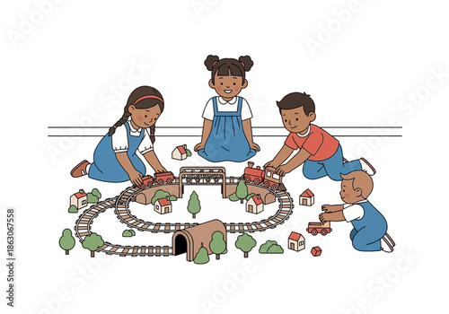 Children playing with a toy train set and building blocks.