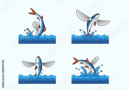 Four flying fish leaping from blue water with splashes.