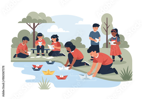 Children launch paper boats on a pond in a park.