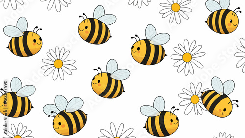 Cartoon Bees Flying Around Flowers.