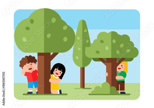 Children playing hide and seek behind trees in a park.