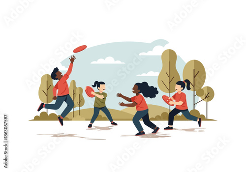 Diverse group of children playing frisbee in a park.